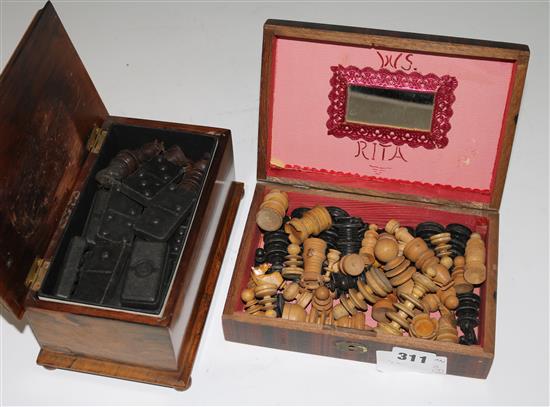 A turned wood chess set, and a set of dominoes